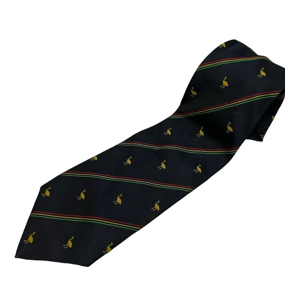 Maison Imperial Navy Blue Gold Duck Bird Print Striped Mens Neck Tie Silk Career
